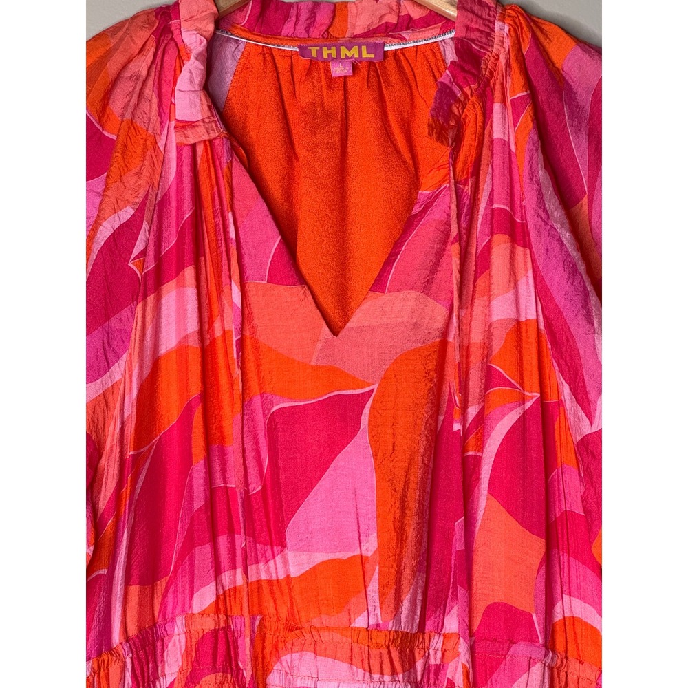 THML Pink Orange Abstract Print Tiered Maxi Dress Smocked Waist Pockets L - Picture 3 of 9
